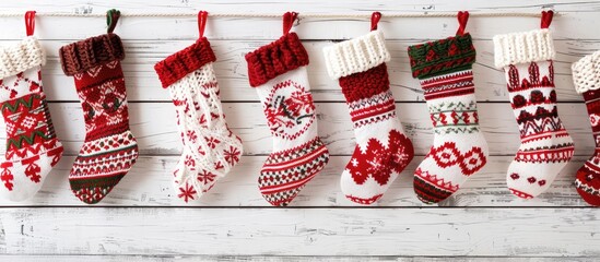 Aufkleber - Holiday gift giving is represented by knitted Christmas stockings on a white wooden backdrop with ample copy space image available