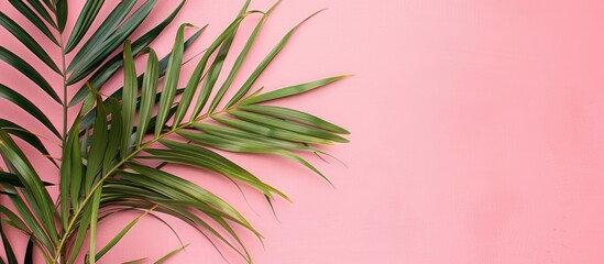 Aufkleber - Top view image of a palm tree leaf on a pink background with space beside for text or product display. Creative banner. Copyspace image