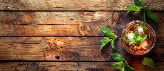 Aufkleber - A rustic wooden background sets the scene for a traditional Moroccan drink featuring summer iced mint tea with room for a copy space image