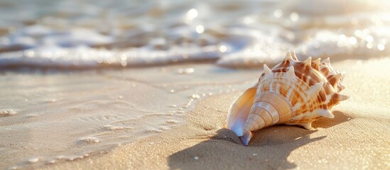 Sticker - A stunning seashell on a sandy beach with ample copy space image