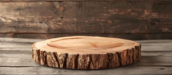 Poster - Product display on wooden backdrop with a wooden slice stand Close up view with copy space image available