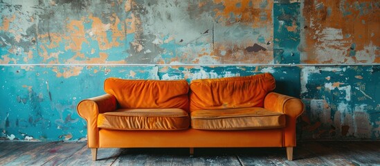Aufkleber - Retro orange couch set against a weathered wall in a vintage style room with a rustic setting and copy space image available