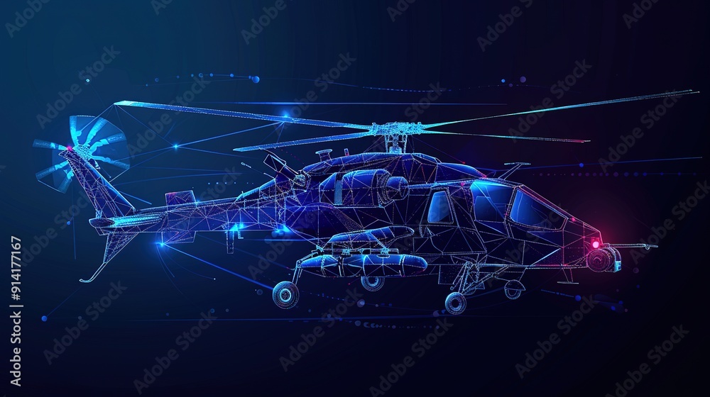 Combat helicopter in modern futuristic style with dark blue and lights ...