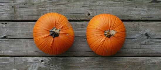 Poster - Top view of two pumpkins on a wooden surface with a clear focus on the stem area ideal for a copy space image