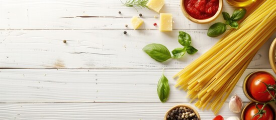 Poster - Italian recipe spaghetti made from fresh organic ingredients displayed on a white wooden table background with a top view featuring copy space image