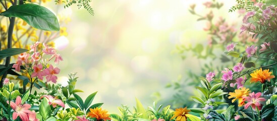 Aufkleber - Vivid spring scene with blooming flowers and foliage set against a summery backdrop suitable for text additions in a copy space image