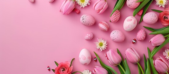 Poster - Pink tulips and Easter eggs viewed from the top on pink background with copy space image available