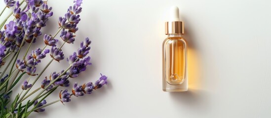 Poster - Glass bottle with pipette containing lavender essential oil surrounded by lavender flowers and set against a white background creating a copy space image for a serene and fragrant serum