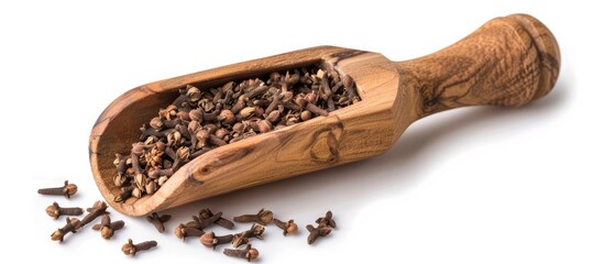 Poster - Top view of a wooden scoop filled with dried cloves isolated on a white background with clipping path for a copy space image