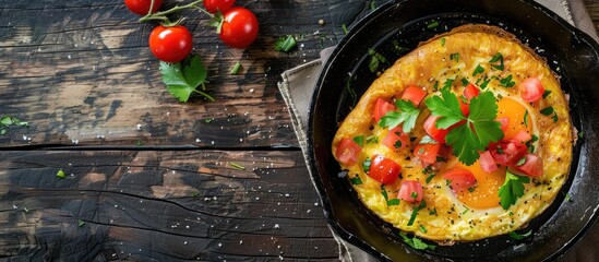Poster - Minced pork mixed with eggs and fresh tomatoes in an appetizing omelette Ample copy space for text or graphics