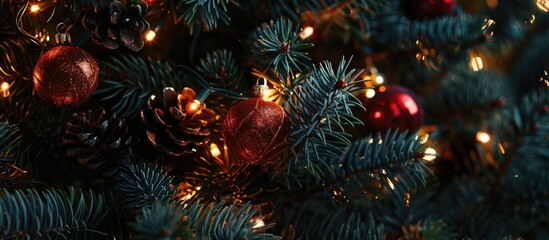Fototapete - Festive Christmas decorations on a tree adorned with twinkling Christmas lights complemented by a copy space image