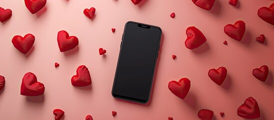 Poster - Valentine s Day themed smartphone mock up template with heart shapes ideal for display or design purposes with copy space image