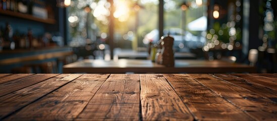 Poster - Utilize this blank wooden table with blurred coffee shop or restaurant background suitable for product displays or photomontages with copy space image