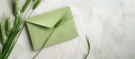 Sticker - Top view of a green envelope and wheat grass on a light background with copy space image