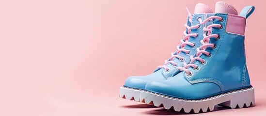 Sticker - Stylish women s boots featured in a fashion color scheme with blue sneakers showcased on a light pink background creating an appealing copy space image