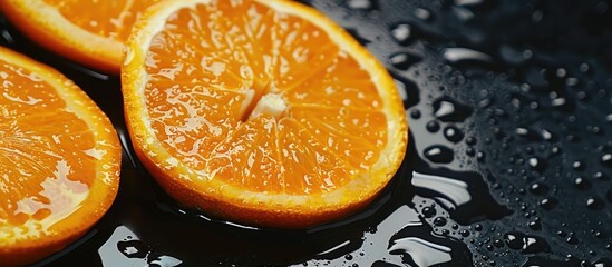 Aufkleber - Juicy orange slices beautifully contrasted against a black backdrop ideal for a copy space image