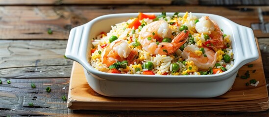 Poster - Shrimp topped egg fried rice with mixed vegetables in a white dish on a wooden background with room for text in a copy space image