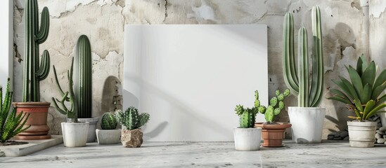 Poster - Empty white sign displayed among small cactus pots for sale perfect for adding custom text in the copy space image