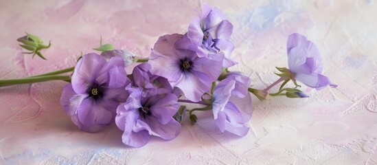 Poster - Floral arrangement featuring purple flowers on a soft pastel background with copy space image