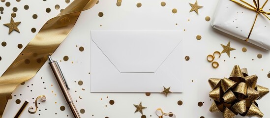 Aufkleber - White background featuring a blank note surrounded by an envelope ribbon confetti pen and golden glitter stars with copy space image