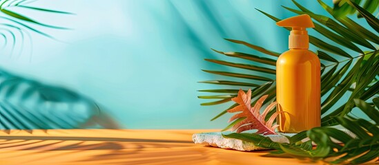 Poster - Summer themed sunscreen lotion displayed on a table with vibrant color background for copy space image