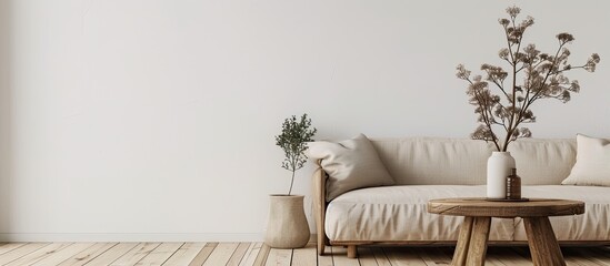 Aufkleber - Minimal concept with a beige fabric sofa and wooden table on a wooden floor against a white wall providing a serene atmosphere for a copy space image