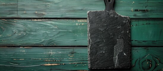 Poster - A view from above showing a black stone cutting board placed on a green wooden tabletop with space for writing or images. Creative banner. Copyspace image