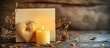 © HN Works - Wedding greeting card with a rustic background featuring a blank note a yellow decorative heart a lit aroma candle and dry flowers perfect for copy space image