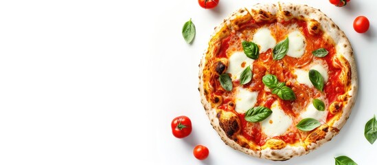Poster - Top view of a margherita pizza with copy space image presented on a white background