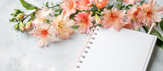 Canvas Print - Styled photo featuring a white notebook with copy space image decorated with flowers on a light background