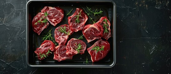 Poster - Top view of fresh game meat raw wild hare slices in a steel tray with herbs on black background Incorporates copy space image