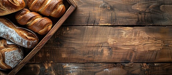 Poster - Top down view of a wooden tray in a bakery setting with ample copy space image