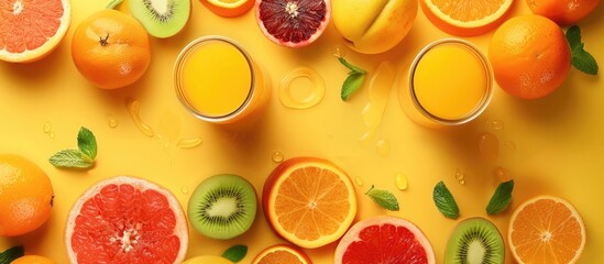 Aufkleber - Fresh fruit slices and juices arranged on a yellow background in a top down view for a summer themed juicy backdrop with copy space image