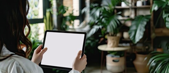 Poster - Woman holding digital tablet showing blank screen with copy space image