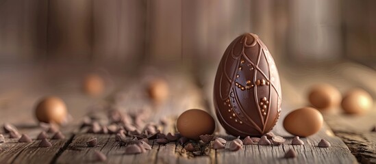 Aufkleber - Selective focus on a chocolate Easter egg with filling on a wooden backdrop featuring copy space image