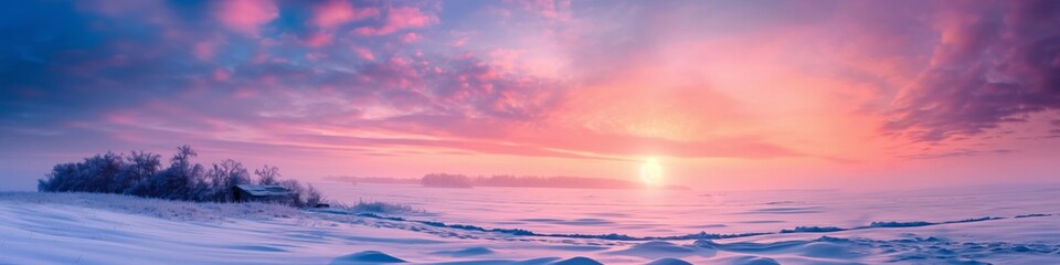 Poster - A beautiful sunset over a snowy landscape. The sky is filled with pink and purple hues, creating a serene and peaceful atmosphere