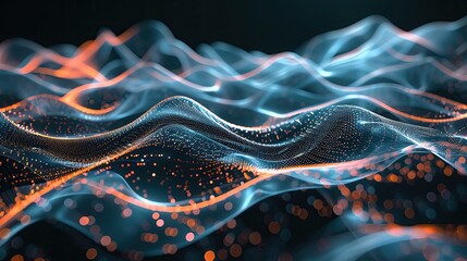 Poster - Abstract digital waves with glowing particles create a futuristic atmosphere, ideal for technology and design themes.