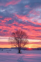 Poster - A tree stands in a field of snow with a beautiful sunset in the background. The sky is filled with clouds and the sun is setting, creating a serene and peaceful atmosphere