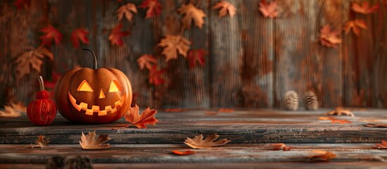 Poster - Modern rustic brown wood desk with jack o lantern pumpkin trick or treat bowl maple leaf ornament perfect for Halloween decoration with a festive copy space image