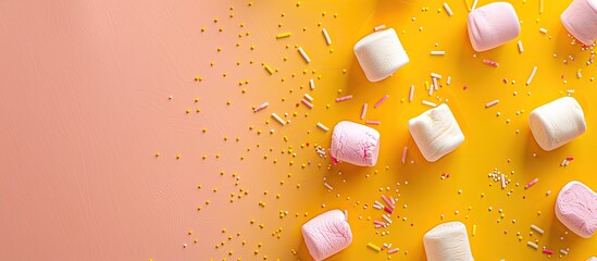 Aufkleber - Yellow and pink zephyr background with a small candy marshmallow on a sweet food fon featuring ample copy space image