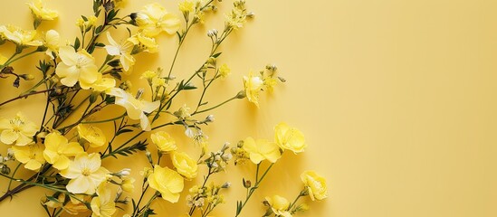Poster - Minimalist floral arrangement with yellow spring blooms on a bright backdrop ideal for your mockup with a top view showcasing a clean design and space for additional elements