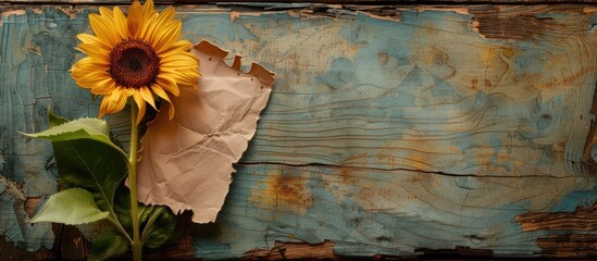 Aufkleber - Vintage toned background with a paper note and Mexican sunflower displayed on weathered wood wallpaper providing copy space image