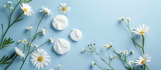 Aufkleber - Light blue background with chamomile flowers and cotton pads providing copy space image