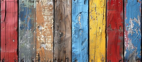Poster - A weathered multi colored wooden fence with an aged cracked surface against a rustic background ideal for a copy space image