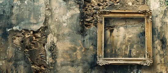 Poster - An old rustic wooden frame hangs against a textured stone wall offering a visually appealing copy space image