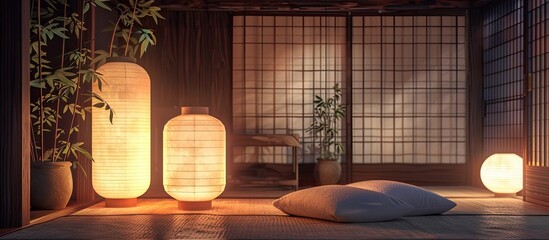 Sticker - Soft light from elegant Japanese style lamps illuminates a dimly lit room creating a cozy ambiance with a serene touch. Creative banner. Copyspace image