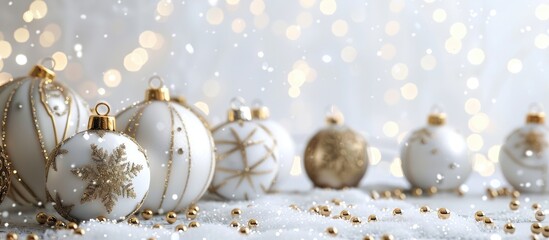 Poster - White and gold Christmas ornaments displayed on a Christmas card with ample copy space image