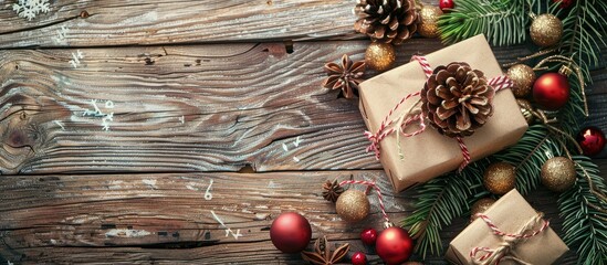 Poster - Gift box among Christmas decorations with copy space image