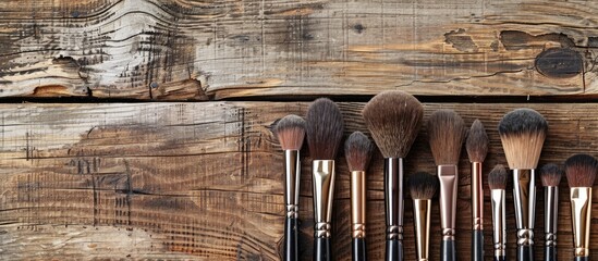 Poster - Wooden table displaying a collection of high quality makeup brushes with designated copy space image area