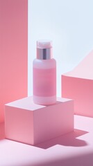 Poster - elegant pink bottle placed on soft pink geometric shapes with gentle lighting